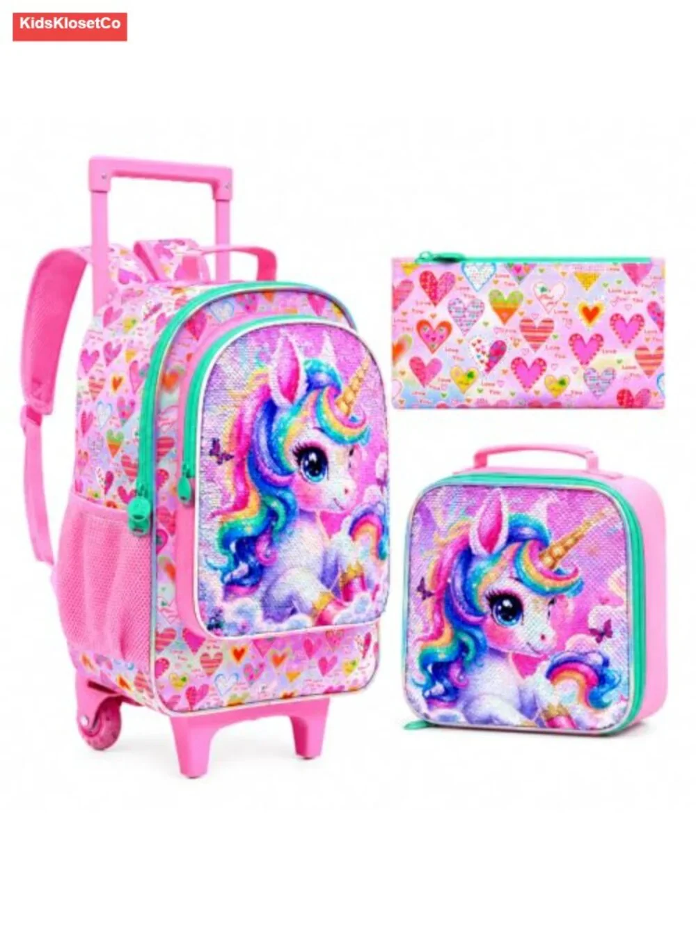 Kids Rolling Backpack with Lunch Bag, Wheeled Bookbag, Polyester, School